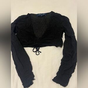 Blue Life long sleeve crop V-neck sheer polkadot black top XS